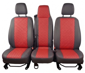 Set huse scaune autoutilitara 2+1 pentru fata culoare negru cu rosu, piele ecologica compatibil cu Opel Vivaro 2014-2019 VAN - Img 2