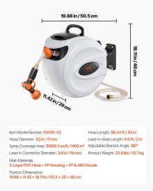 Tambur pentru furtun retractabil, Tambur pentru furtun de apa, lungime furtun 30m pivotant 180° Montat pe perete - Img 10