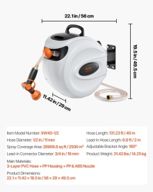 Tambur pentru furtun retractabil, Tambur pentru furtun de apa, lungime furtun 40m pivotant 180° Montat pe perete - Img 10