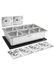 Tava recipient de prezentare pentru servire alimente, din otel inoxidabil, dozator de condimente pentru bufet, raft racit cu gheata cu capac separat, pentru restaurant, hotel, petrecere, tava 6 compartimente