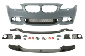 Bara auto fata compatibil cu BMW seria 5 F10 F11 2009-2013, cu gauri pentru spalator de faruri, cu gauri pentru senzorii de parcare, PACHET M cu grile proiectoare si spoiler