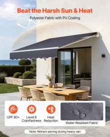 Copertina retractabila manuala, 300 x 250 cm, pentru terasa exterioara, parasolar retractabil, adapost pentru usa si fereastra din poliester rezistent la apa, cu maner manivela pentru curte, balcon, culoare gri - Img 5