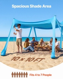 Cort plaja, adapost soare plaja, UPF 50+, inaltime 2m, 3 x 3 m, copertina de plaja ușor de ridicat cu saci de nisip, stalpi de stabilitate, lopeți de nisip - Img 2