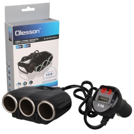 Incarcator auto splitter bricheta cu afisaj, 12V-24V, 3 iesiri soket 12V + 1 USB + Voltmetru, 120W - Img 2