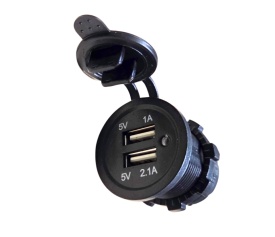 Incarcator auto USB 2 porturi iesire 1A, 2.1A negru cu pini pentru instalare pe diverse auto moto camping rulote