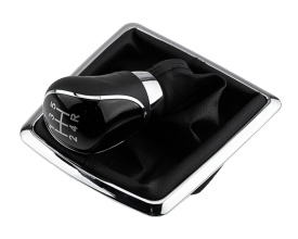 Nuca schimbator de viteze cu rama si manson piele ecologica compatibil Ford C-Max 2007-2017, Kuga 2008-2012, B-Max 2012, 5 trepte, piele ecologica, negru cu crom