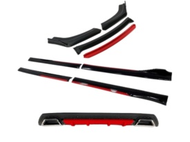 Pachet exterior aero universal, prelungire bara fata, praguri laterale si difuzor bara spate negru cu rosu