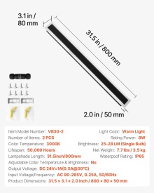 Set de 2 aplice exterioare, lampa de perete moderna cu bandă de 80 cm lungime, alb cald 3000K, iluminat exterior impermeabil antirugina IP65, pentru casa, veranda, garaj - Img 6