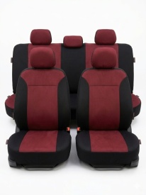 Set huse auto pentru scaune compatibile Dacia Logan II 2012-2020, negru cu visiniu, cu bancheta spate fractionata, material textil, Lichidare de stoc! - Img 2