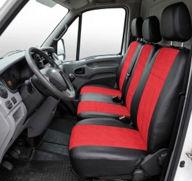 Set huse auto pentru scaune compatibile IVECO DAILY 2001-2014 3 locuri, material textil rosu-negru, Lichidare stoc!