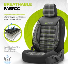 Set huse auto scaune universale Otom Luxury, GTI SPORTS Design, material textil cu piele ecologica, culoare negru cu cusaturi verzi - Img 9