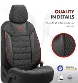Set huse auto scaune universale Otom Luxury, Toro Sport Design, material textil cu piele ecologica, culoare negru cu cusaturi rosii - Img 9