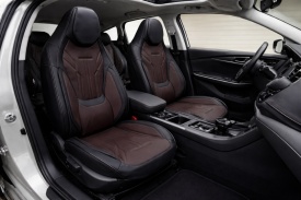 Set huse scaune auto compatibil Mitsubishi ASX 2010->, fata-spate, piele ecologica cu tetiera integrata, negru cu maro
