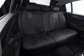 Set huse scaune auto compatibil Renault Laguna II 2001-2008, fata-spate, piele ecologica neagra si cusaturi rosii - Img 2