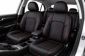 Set huse scaune auto compatibil SKODA Rapid 2012-2019, fata-spate, piele ecologica negru cu cusatura rosie - Img 2