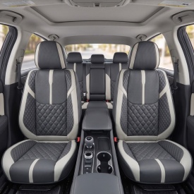 Set huse scaune auto compatibil SsangYong Korando 2012-2019, scaune standard, fata-spate, Piele ecologica Negru cu gri deschis