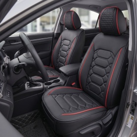 Set huse scaune auto compatibil VW Golf Sportsvan 2014-2020, fata-spate, Piele ecologica, negru cu cusatura rosie - Img 3
