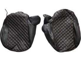 Set huse scaune auto dedicate Dacia Duster II 2018-> piele ecologica neagra si cusaturi maro in romb - Img 4
