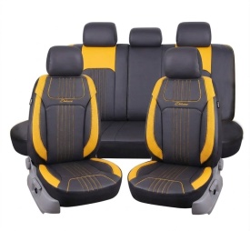 Set huse scaune auto piele ecologica negru cu galben, universale, fata-spate - Img 3