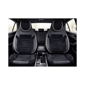 Set huse scaune auto premium universale, fata-spate, piele ecologica si alcantara, model C509, culoare negru cu cusatura alba - Img 4