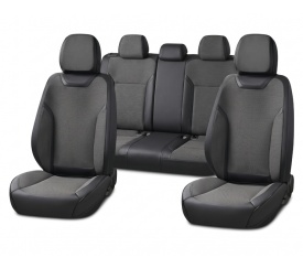 Set huse scaune auto premium universale, fata-spate, piele ecologica si material textil, culoare negru cu gri inchis
