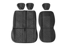 Set huse scaune auto, universale, fata 2+1, material piele ecologica, culoare negru cu cusaturi albe, model romb - Img 3