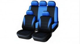 Set huse scaune auto, universale, fata-spate, Negru cu albastru, material textil, compatibil airbag