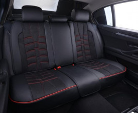Set huse scaune auto universale, material textil negru si cusaturi rosii, fata-spate - Img 4
