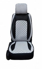 Set huse scaune auto universale, piele ecologica neagra cu material textil gri, fata-spate - Img 4