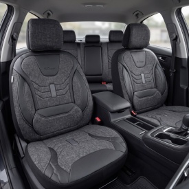 Set huse scaune auto universale seria KETEN, material textil negru si piele ecologica neagra, fata-spate, compatibil airbag - Img 2