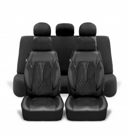 Set huse scaune auto universale seria SIDNEY, material textil negru si piele ecologica neagra, fata-spate, compatibil airbag - Img 1