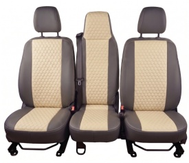 Set huse scaune autoutilitara 2+1 pentru fata culoare negru cu crem, piele ecologica compatibil cu Opel Vivaro 2014-2019 VAN