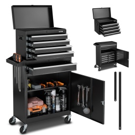Carucior pentru scule, organizator dulap scule cu 5 sertare, cutie scula metalica detasabila in partea superioara, bara blocare, raft scule atelier garaj - Img 9
