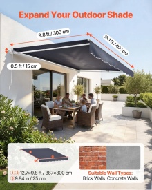 Copertina retractabila manuala, 400x300 cm, pentru terasa exterioara, parasolar retractabil, adapost pentru usa si fereastra din poliester rezistent la apa, cu maner manivela pentru curte, balcon, culoare gri - Img 11