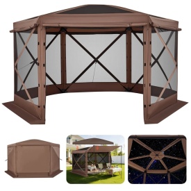 Cort de gradina, camping, evenimente, 6 laturi, 3,6 x 3,6 m, capac detasabil si geanta de transport, montare rapida, adapost solar pentru 8-10 persoane, curte, terasa, culoare maro - Img 9