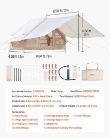 Cort gonflabil pentru camping, Glamping 300D Oxford, usor de instalat pentru 3-5 persoane cu pompa manuala, cort pentru 4 sezoane cu baldachin, 2 usi si 2 ferestre din plasa - Img 7