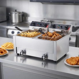 Friteuza electrica comerciala, dubla, capacitate ulei 14 L, friteuza de blat din otel inoxidabil de 5000W cu cosuri si capace, control temperatura, temporizator, protectie la supraincalzire, pentru restaurant si nu numai, culoare argintiu - Img 9