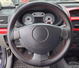 Husa auto volan camion, imititatie piele neagru perforata cu ac si ata rosie, diametru 45 cm - Img 3