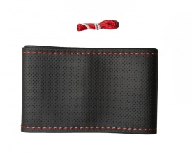 Husa auto volan, imitatie piele perforata neagra cu ac si ata rosie, diametru 38 cm