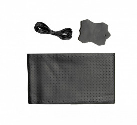 Husa volan din piele naturala cu ac si ata de culoare neagra si cusatura neagra diametru 47 cm, compatibil MAN