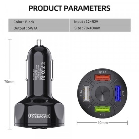 Incarcator auto USB cu lumina LED, 3A, QC3.0, 4 porturi USB, Incarcare rapida, Negru - Img 2