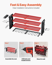 Organizator de scule electrice, suport de perete, suport de depozitare cu 4 straturi cu 8 suporturi pentru burghie, suport de depozitare scule cu placi laterale perforate, organizator de scule pentru garaj sau atelier - Img 7