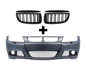 Pachet tuning Bara Fata compatibil BMW Seria 3 E90 E91 2004-2007 M-Technik Design, fara proiectoare cu Grile Centrale Duble compatibil cu BMW Seria 3 E90 E91 Pre-LCI 2004-2008 M-Design Negru Lucios