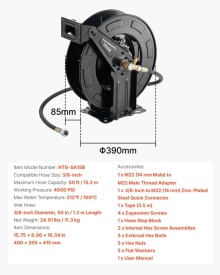 Rola pentru furtun de spalare cu presiune, 15,2 m x 9,5 mm, retractabila, din otel, pentru sarcini mari, 4000 PSI max, reincarcare automata, montare flexibila pe perete sau podea pentru spalare auto, gradina - Img 5