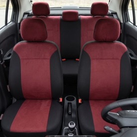 Set huse auto pentru scaune compatibile Dacia Logan II 2012-2020, negru cu visiniu, cu bancheta spate fractionata, material textil, Lichidare de stoc!
