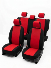 Set huse auto pentru scaune compatibile FORD FOCUS II 2004-2011 HTB sau COMBI, material textil negru cu rosu, Lichidare stoc