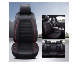 Set huse auto scaune universale de lux din piele cu textil, negru cu cusaturi rosii pentru scaunele fata si spate - Img 5