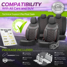 Set huse auto scaune universale Otom Luxury, Carbon Design material textil cu piele ecologica, culoare negru cu cusaturi rosii - Img 8