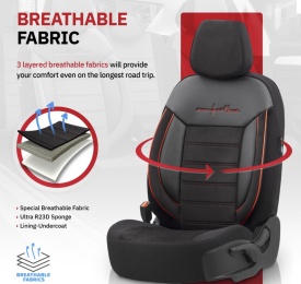 Set huse auto scaune universale Otom Luxury, Comfort Line material textil cu piele ecologica, culoare negru cu cusaturi rosii - Img 7