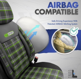 Set huse auto scaune universale Otom Luxury, GTI SPORTS Design, material textil cu piele ecologica, culoare negru cu cusaturi verzi - Img 6